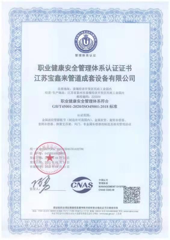 職業(yè)健康安全管理體系認證證書